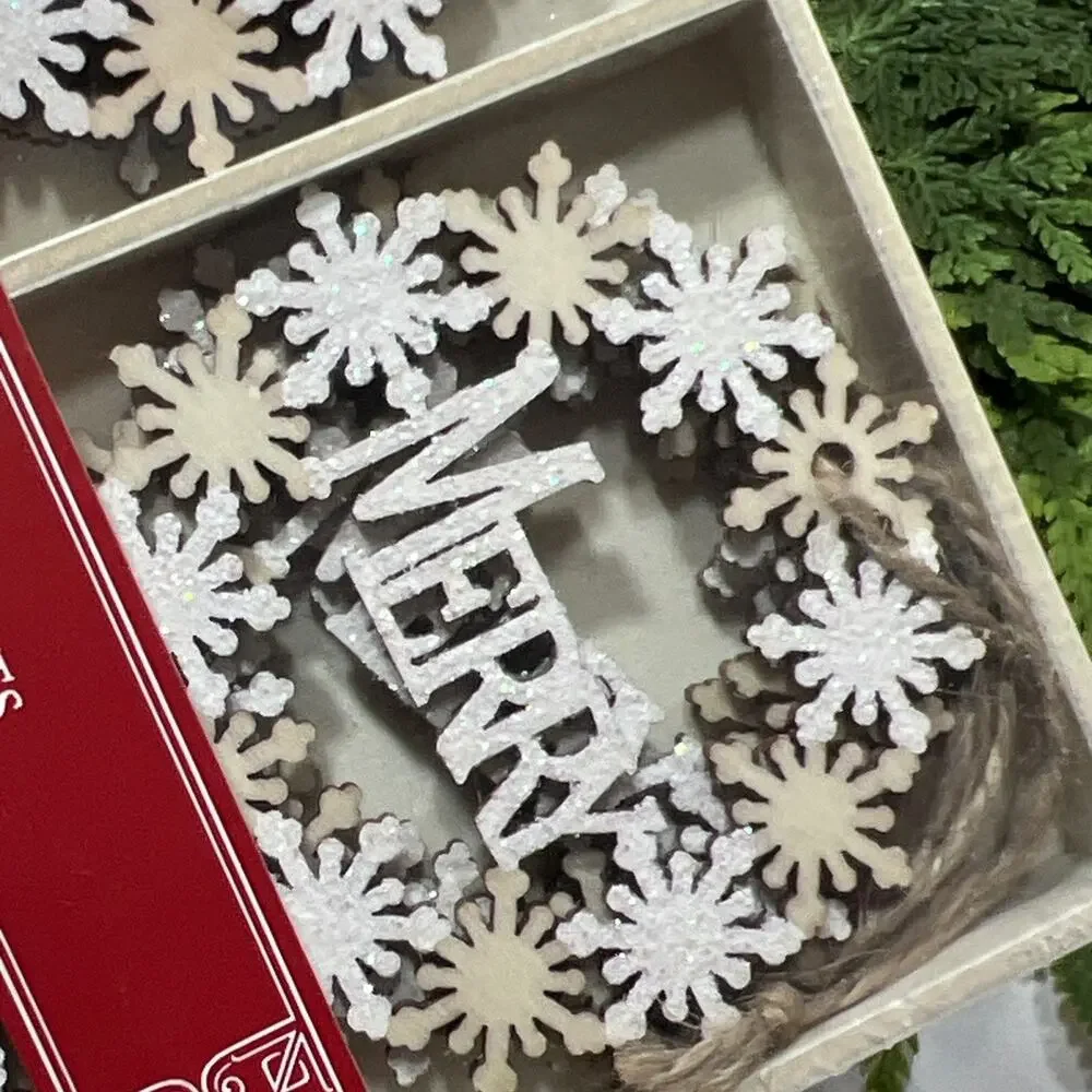 World Market Wood Christmas Scene Ornaments Set of 12 White Glitter Peace Merry